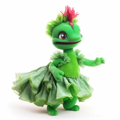 green baby girl Godzilla, looks like an alien, doing high step dance moves, wearing a designer dress made from Phoenix feathers , ultra high fashion, wearing ruby neck scarf, techno lighting, disney cuteness, plain white background, cutout clipart
