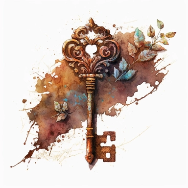 highly detailed and intricate watercolor of heavy, rusted, ornate iron key lying on a faded handwritten letter. Clipart, white b