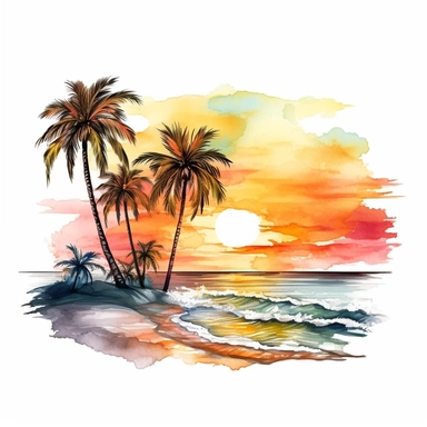 watercolor, beach sunset, waves, beach, palm trees, beautiful, clip art, multiple colors, cute, cartoonish, white background