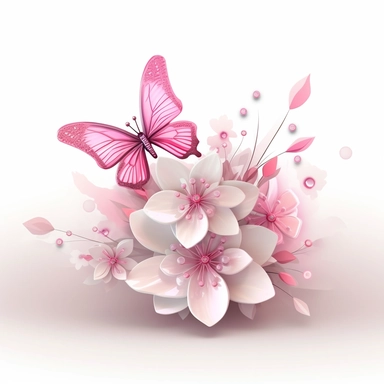 3D exceptionally beautiful pink flowers and butterflies in 3D, clipart, white background