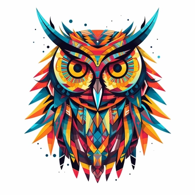 Curious Owl, geometric-inspired illustration, clipart, abstract style, vibrant colors, white background