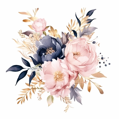 wedding floral clipart, watercolor, pink and golden and navy blue colors, pink and white peonies, isolated on blush pink