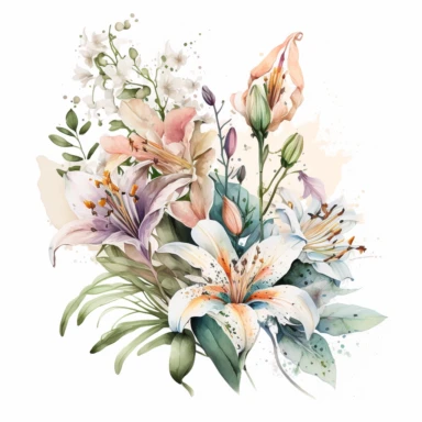 [3073395515] Watercolor clipart. Delicate strokes of watercolor paint come together to form a stunning bouquet of lilies, capturing their essence and fragility.. White background. No text. No caption. No logo