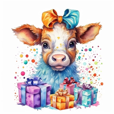 please create watercolor clipart of a baby cow, smiling, wearing party clothes with birthday presents, vibrant colors, intricate details, isolated on white background, vivid colors, hdr, 8k
