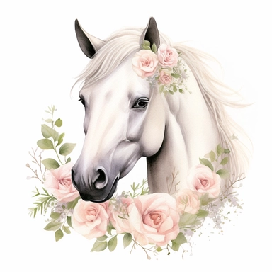 Isolated on a white background, in a feminine style that is populair on Etsy, white horse with baby pink roses on her head decorated for wedding, high resolution, highly detailed, watercolor clipart illustration, soft pastel color theme, baby pink, 8k UHD isolated image on white background, hyper - realistic high definition