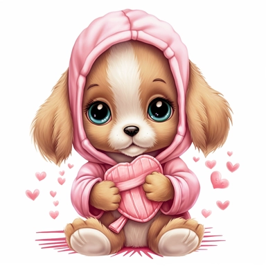 kawaii a very cute cuddly eyes happy puppy wearing a pink coat giving out heart's clipart Easter spring bunny scrapbooking Crafton digital paper white background