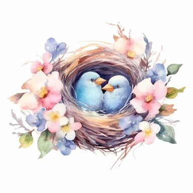 Watercolor nest Clipart, springtime, cute, Bird nest, flowers, blossoms, Spring