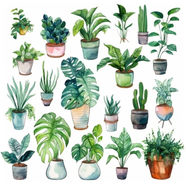 Watercolor House Plants Clipart. Indoor Plants Elements. Monstera, Cactus Illustration. Boho Home Decor Clipart. Home green garden. Plants in pots