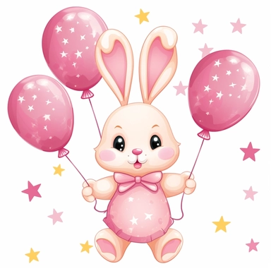[bunny] standing up holding onto 5 pink balloons. Whole body. Nursery. White background with a few Pink stars. Clipart