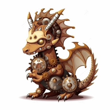 friendly dragon with cute eyes, standing up, in the style of steampunk, clipart, white background, lots of cogs,
