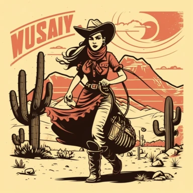howdy beautiful cowgirl with a skirt and hat and lasso , western style, clipart, grunge, black line art with color, cacti and desert, minimalist, 70's vintage, retro, western pop art