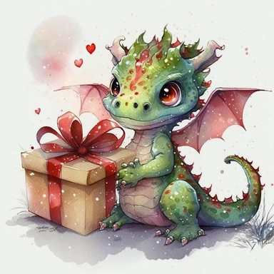 watercolor, full body baby Christmas dragon, cute, big eyes, clip art, green and red, christmas tree, presents, lights, snow ar 2:3