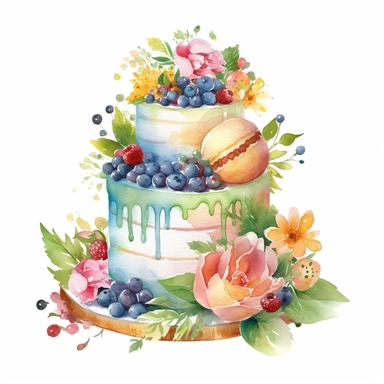 clipart, isolated on white background, Watercolor cake with flowers and berries, green colored, ornated, vivid and vibrant and saturated colors