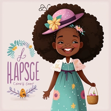 Gospel Church , Easter Sunday , Happy Black Girl Smiling on Easter Sunday , Wearing a Easter hat , standing , walking, Carring easter basket , Easter art, funny black girls clipart, Funny black girl , Frilly Easter Dress , Ribbiobs in Hair Cheerful african american girl child png, clipart, afro ,Full body with legs , Cottage core , Love shack Fancy, Highly detailed close-up portrait , standing , Nicoletta Ceccoli, Mark Ryden, lostfish, Earl Nor, global lighting, divine rays, detailed and intrica