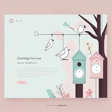 minimalist white landing page, soft pastel colors and small flat clipart birds, font point linear perspective, and sitting on a wire, bird theme, cuckoo clock, cuckoo