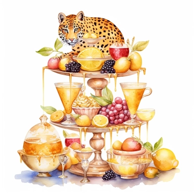 sweet colorful, gold, watercolor, honey Lemons Clipart, Macaroon,cupcake, variety of fruit juice drippin, on luxury stand, luxury Icon Set, with cheetah, detailed, isolated white background, hand painting , single design