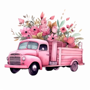 pink flower truck illustration clipart, detailed, black outline, white background, 4k, watercolor, digital art