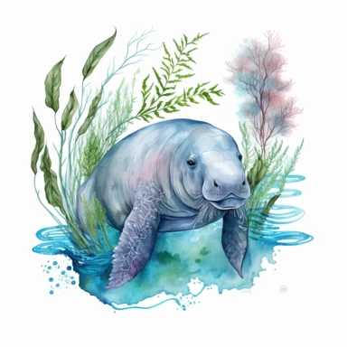 hand drawn Florida manatee, in crystal blue water, underwater with plants, very detailed and realistic, watercolor, white background with margins, clipart style