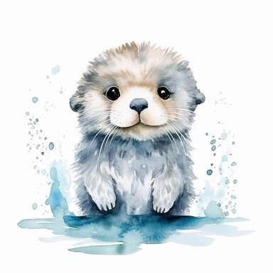 cute baby arctic sea otter, watercolor clipart, minimalist,white background,