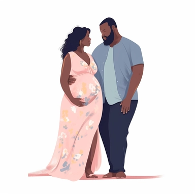 pastel colors vector full view image of faceless trendy heavily pregnant african american woman side view with fat man belly touching together, illustration clipart, white background