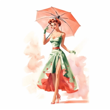 As our creative journey through the enchanting 1950s unfolds, we find ourselves immersed in a scene of timeless elegance and vibrant nostalgia. Envision a watercolor clipart that portrays a full-length view of a standing lovely young lady from the 1950s, radiating warmth and joy with her infectious smile. Dressed in a period-appropriate casual yet classy outfit, she becomes a captivating embodiment of the era's timeless charm. In this mesmerizing watercolor clipart, the young lady stands tall, h