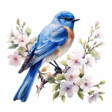 a beautiful watercolor bluebird sitting on a branch with blue flowers, in the style of realistic images, pictorial fabrics, instax film, detailed shading, pastoral charm, flat, limited shading, birds & flowers, clipart, white background