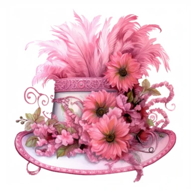 A Victorian-inspired pink tea party hat with intricate silk flowers, delicate feathers, and lace trim. The fine details in the design showcase the intricate detail of the hat. Clipart, watercolor, white background, intricate detail