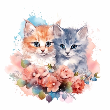 Watercolor Fairytale Cats kittens surrounded by flowers, Fantasy Kitten Clipart with transparent background