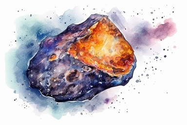 Watercolor, Design an image showcasing a T-type asteroid, characterized by tholin-like organic compounds clipart, hd, on a white background, spaced out