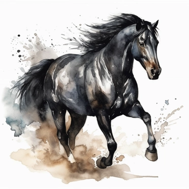 beautiful black horse galloping watercolor clipart on white background, sharp