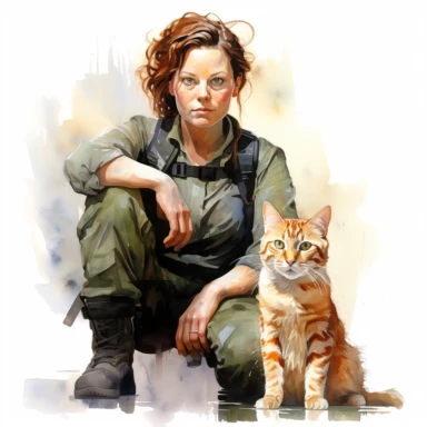 Sigourney Weaver like Ripley with Jonesy ginger cat, full length, character from movie Alien, watercolor painting, cinematic lighting, clipart, white background