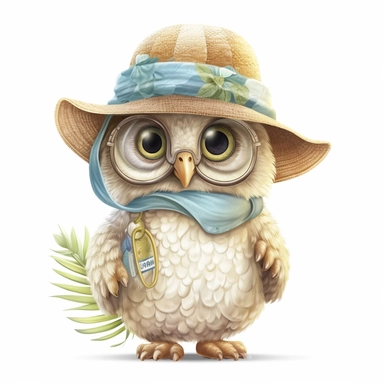 clipart happy baby owl with hat, summer earth tones, pastel colors, 8k, white background