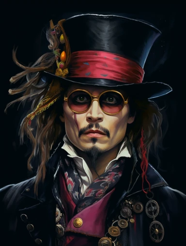 Johnny depp as himself as steampunk mat hatter, clipart png, realistic, digital painting,fantasy style, realistic, painting, watercolor, 8k, ultra details,