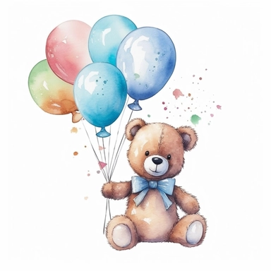 Watercolor Cute Teddy Bear Holding ballons Cliparts,minimalist, isoiliated white background