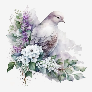 clipart aquarelle watercolor, detailed ans realistic, white background. beautiful flower tribute in white color, white theme, Bouquet for funeral, loss, sorry, with additions like sash ribbon, white dove