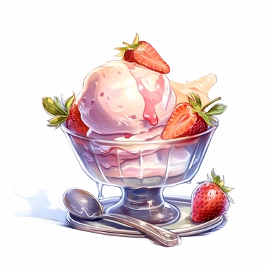 a drawing of a dessert featuring candy and whipped cream, icecream sundae, pink strawberries, glass bowl, in the style of pastel toned, shiny/glossy, fantasy realism, caffenol developing, warmcore, #screenshotsaturday, rubens, white background, isolated, free brushstrokes, watercolor illustration, clipart,