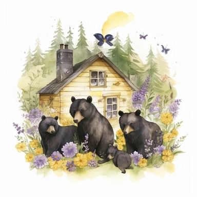 hand drawn family of black bears, wearing clothes in shades of yellow and purple, at a cabin in the woods, bumblebees, purple flowers and grass, very detailed, very realistic, watercolor, clipart style