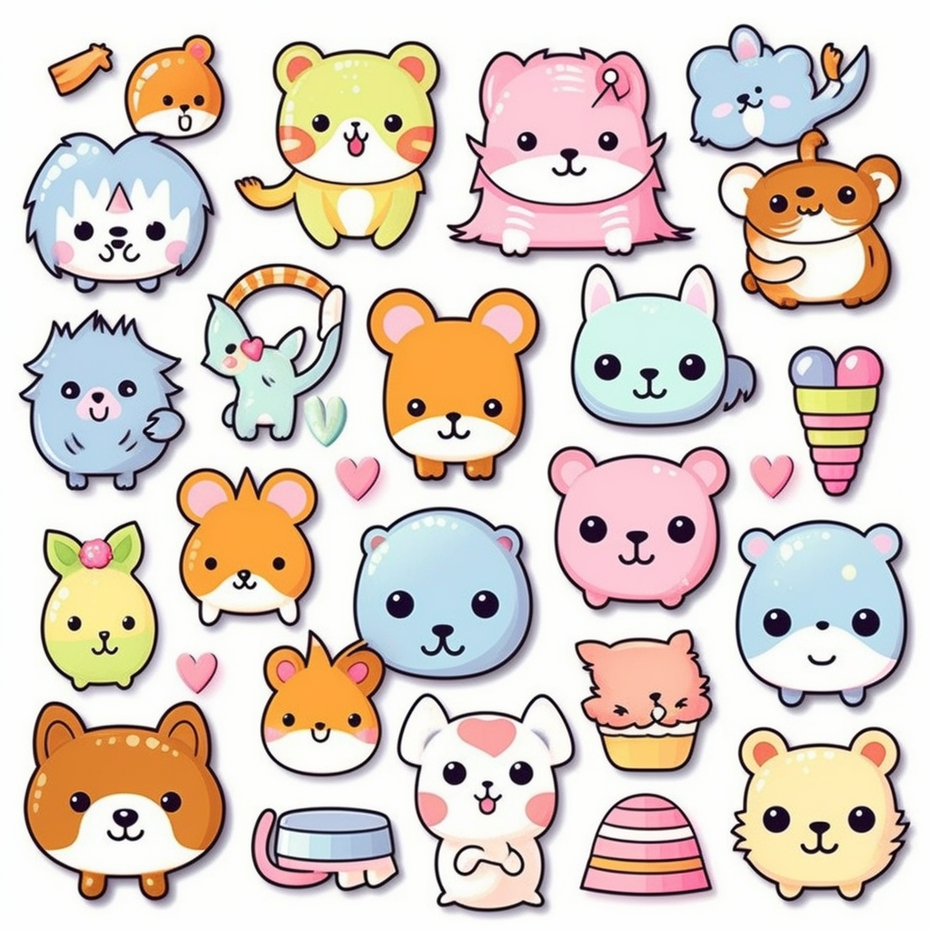 Design an adorable clipart set in Kawaii style featuring sweet and ...