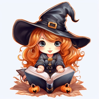 clip art, white background, chibi, halloween witch holding a magic book, ar 3:2