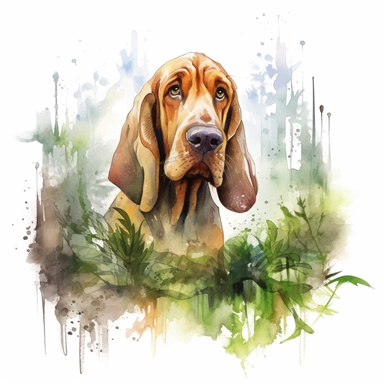 Curious Bloodhound exploring a mysterious forest with a sense of adventure, white background, watercolor clipart