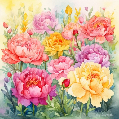 Rainbow Peony Garden - A watercolor clipart image of a garden filled with peonies in different colors of the rainbow, ideal for a Mother's Day card or as a digital background for a family photo.