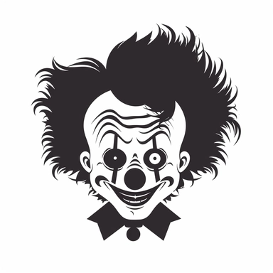 black and white silhouette of a scary halloween clown, clipart style, white background, thick lines, vector, simple design, flat colour, solid colour, halloweencore
