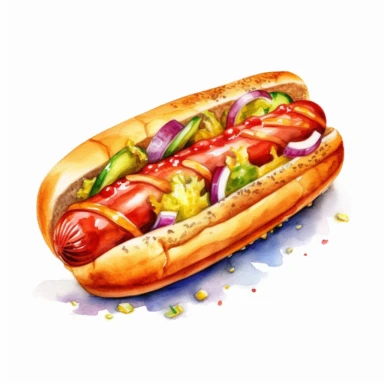 Hyper - realistic watercolor clipart of a delicious hot dog on a white background. The hot dog should be perfectly cooked and assembled with all the classic toppings. Use vibrant colors to capture the mouthwatering appeal of the hot dog. Include details such as the bun, grilled sausage, and condiments like ketchup, mustard, and relish. Show the toppings in a visually appealing and appetizing way, with each ingredient clearly visible. Add a touch of texture and depth to the clipart to enhance the