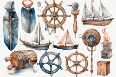 watercolor nautical elements such as anchors, ropes, sails, and rigging clipart, HD, with white background, spaced out