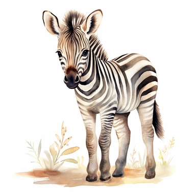 one Zebra baby Watercolor clipart on a white background, in the style of hyper-realistic animal illustrations, uhd image, bamileke art, watercolor, use of earth tones, wlad safronow, hand-drawn elements, no watermark, text, words , paintbrush, 300 DPI, typography, the images do not stick together, no text in the picture