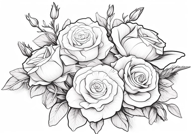 b&w lineart, white background, picture, coloring book style, only draw outlines, clean coloring book page, No dither, no gradient, strong outline, No fill, No solid, Roses Floral Bouquets clipart