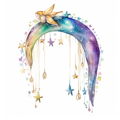 cartoon fairy arc, star dangles , glowing lights and sparkles, colors of green purple gold and blue, glamorous realistic and detailed, watercolor, white background with margins, clipart style