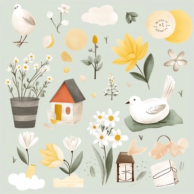 spring clipart pictures, illustrations, stamps, elements, in the style of muted colours, dotted, found objects, pigeoncore, cottagecore, animated gifs, paper cut-outs white space around objects, objects separated in the style of clip art