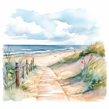 Beach at Atlantic Ocean, Springlake, New Jersey on a beautifull summer day, coastal clipart, watercolor Illustration, Sublimation graphics, by Beatrix Potter, Watercolor clipart, single design, print on demand image, PNG transparent background