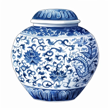 Traditional Chinese Ginger Jar: Create a clipart illustration of a classic Chinese ginger jar, featuring intricate patterns and traditional motifs. Consider incorporating elements such as peonies, cherry blossoms, dragons, or Chinese characters to enhance its cultural significance.watercolor, Clipart,intricate details, on white background